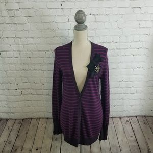 Ann Taylor Loft Striped V-Neck Cardigan w/ Bow